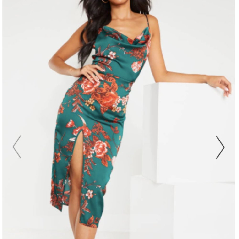 Emerald Green Floral Strappy Satin Cowl Midi Dress
